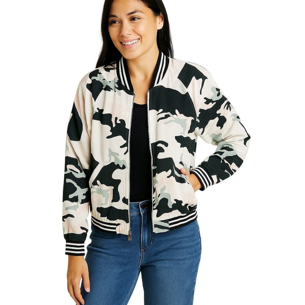 Sanctuary Women’s Small Jacket Pink Green Black Camouflage Lightweight Zip
